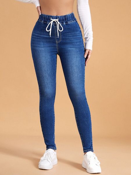 drawstring waist skinny jeans v83h#, Blue