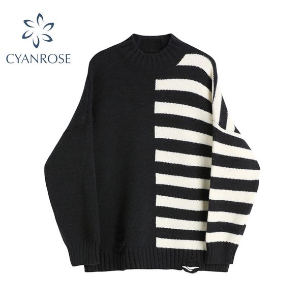 autumn vintage patchwork striped sweater women oversized loose knitted sweaters women long sleeve pullover female jumper 210417, White;black
autumn vintage patchwork striped sweater women oversized loose knitted sweaters women long sleeve pullover female jumper 210417, White;black