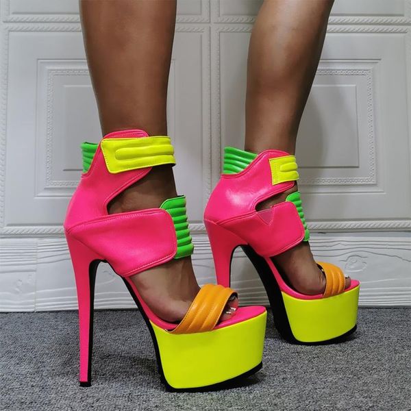 bright neon color patchwork sandals high heel platform peep toe mixed colors cosplay show shoes magic tape summer punk, Black
bright neon color patchwork sandals high heel platform peep toe mixed colors cosplay show shoes magic tape summer punk, Black