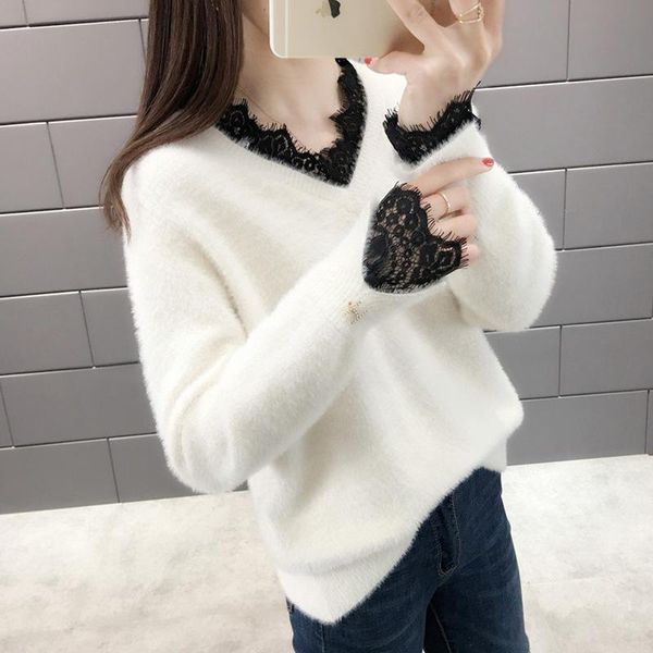 women's sweaters 2021 autumn winter v-neck lace spliced knitted female long sleeve loose sweater fashion clothes n274, White;black
women's sweaters 2021 autumn winter v-neck lace spliced knitted female long sleeve loose sweater fashion clothes n274, White;black