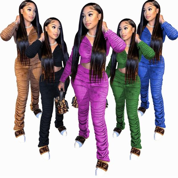 women's two piece pants solid color blue zipper velvet stacked clothing winter pleated women set, White
women's two piece pants solid color blue zipper velvet stacked clothing winter pleated women set, White