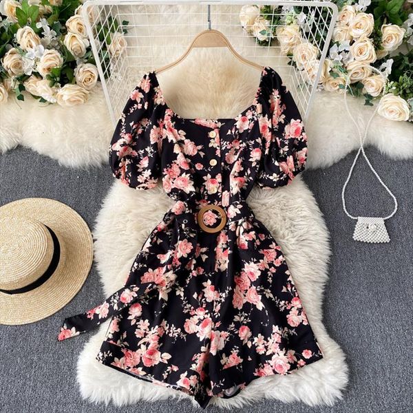 korean chic puff sleeve womens romper sashes square collar retro print summer elegant holiday beach, Black;white
korean chic puff sleeve womens romper sashes square collar retro print summer elegant holiday beach, Black;white