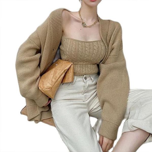 women's sweaters korea cardigan woman lazy wind loose and thin wild sweater + chest wrap 2021 autumn knitted female, White;black
women's sweaters korea cardigan woman lazy wind loose and thin wild sweater + chest wrap 2021 autumn knitted female, White;black