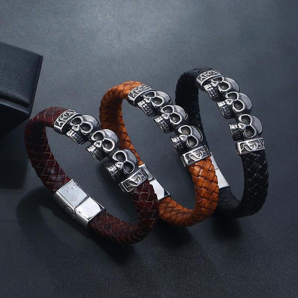 charm bracelets stainless steel skull leather bracelet retro woven men's titanium jewelry imitation, Golden;silver
charm bracelets stainless steel skull leather bracelet retro woven men's titanium jewelry imitation, Golden;silver