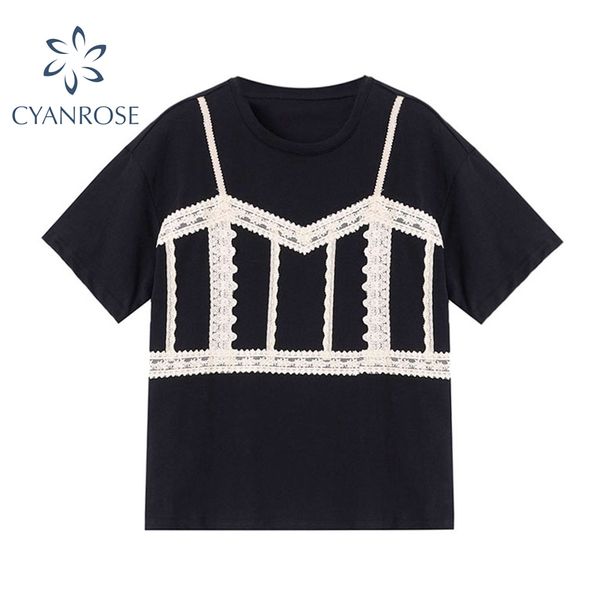 lace spliced loose black t shirt or tees for women short sleeve summer streetwear elegant ol crewneck tide ins mujer 210417, White
lace spliced loose black t shirt or tees for women short sleeve summer streetwear elegant ol crewneck tide ins mujer 210417, White