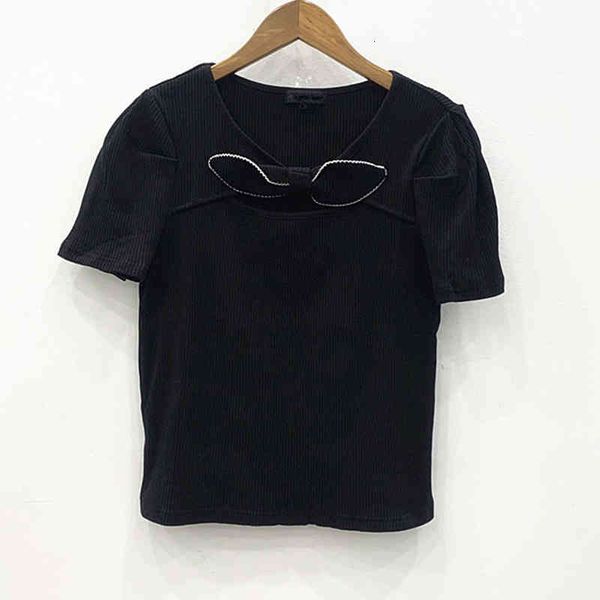 design ch 2021 summer new bow decoration hollowed out short sleeve t-shirt 4609071201, White;black
design ch 2021 summer new bow decoration hollowed out short sleeve t-shirt 4609071201, White;black