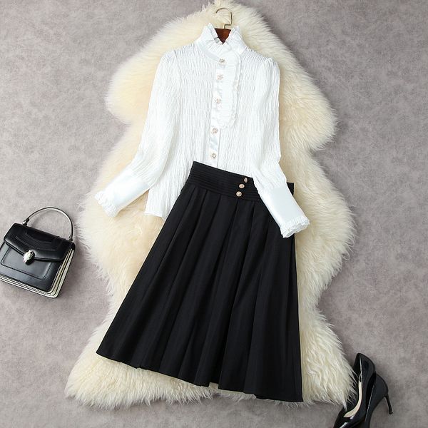2022 spring long sleeve stand collar white solid color single-breasted blouse + high waist pleated knee-length skirt two piece suits 2 piece
2022 spring long sleeve stand collar white solid color single-breasted blouse + high waist pleated knee-length skirt two piece suits 2 piece