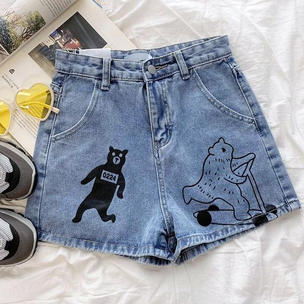 women's shorts cartoon bear print denim women high waist vintage wash wide leg jean pants, White;black
women's shorts cartoon bear print denim women high waist vintage wash wide leg jean pants, White;black