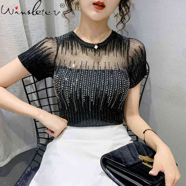 women's t-shirt summer korean clothes thin knit t-shirt diamonds transparent women casual short sleeve elastic tees 2021, White
women's t-shirt summer korean clothes thin knit t-shirt diamonds transparent women casual short sleeve elastic tees 2021, White