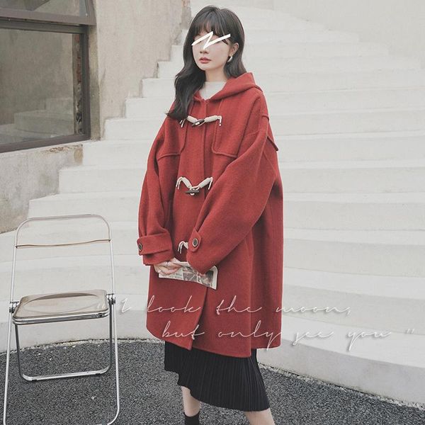 women's wool & blends winter clothes horn button vintage red loose hooded mid-long woolen coat cloak women elegant chic korean overcoat, Black
women's wool & blends winter clothes horn button vintage red loose hooded mid-long woolen coat cloak women elegant chic korean overcoat, Black