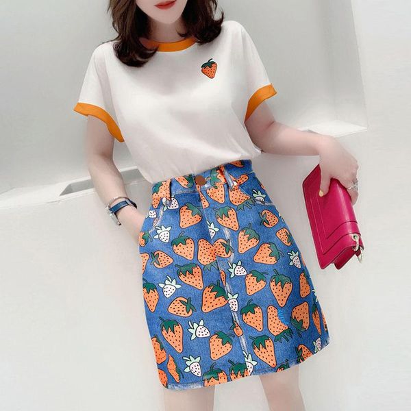 fashion cotton summer designer women t shirt + strawberry printed midi skirt cute set female two piece suit outfits z211 dress, White
fashion cotton summer designer women t shirt + strawberry printed midi skirt cute set female two piece suit outfits z211 dress, White