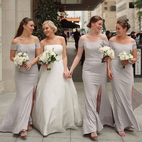 light gray simple off the shoulder bridesmaid dress short sleeves satin front slit wedding guest party dresses, White;pink
light gray simple off the shoulder bridesmaid dress short sleeves satin front slit wedding guest party dresses, White;pink