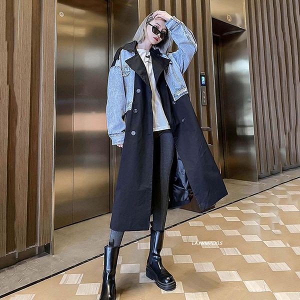 women's trench coats women coat denim patchwork color matching long overcoat bandage vintage loose windbreaker 2021, Tan;black
women's trench coats women coat denim patchwork color matching long overcoat bandage vintage loose windbreaker 2021, Tan;black