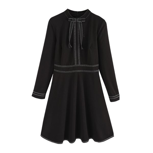 black o neck full long sleeve fit and flare solid knee length bow autumn winter dress elegant d0829 210514, Black;gray
black o neck full long sleeve fit and flare solid knee length bow autumn winter dress elegant d0829 210514, Black;gray
