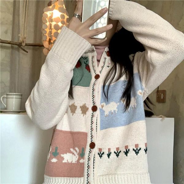 women's knits & tees 2021 fall fashion knitwear japanese art round neck apricot knitted cardigan long sleeve sweater jacket women, White