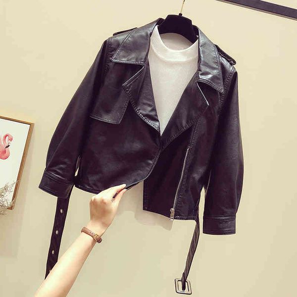spring fashion faux leather jacket women casual turn-down collar sashes moto bike windproof coats 210513, Black
spring fashion faux leather jacket women casual turn-down collar sashes moto bike windproof coats 210513, Black