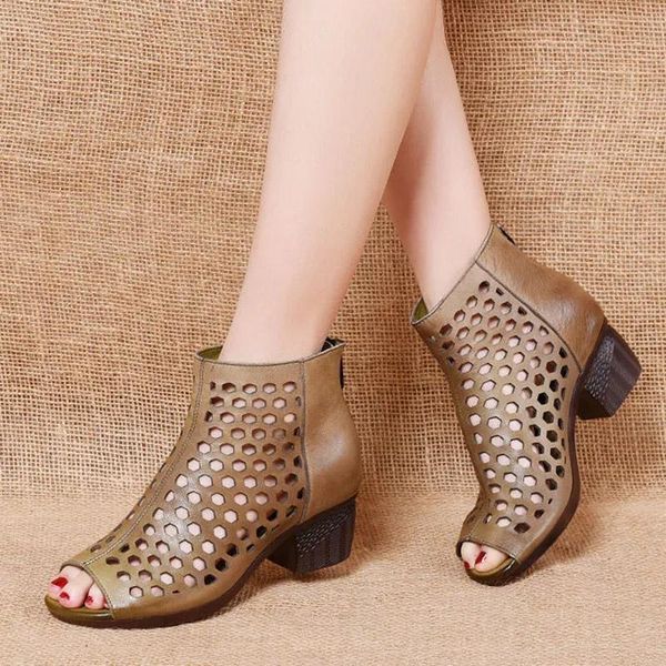 leather fish mouth hollow women's boots thick-heeled soft-soled high-cut hole shoes spring and summer layer cowhide sandals, Black
leather fish mouth hollow women's boots thick-heeled soft-soled high-cut hole shoes spring and summer layer cowhide sandals, Black