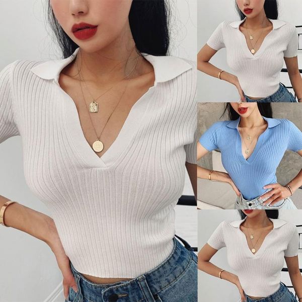 women's t-shirt women summer short sleeve ribbed knit lapel collar deep v-neck crop solid color casual slim streetwear, White
women's t-shirt women summer short sleeve ribbed knit lapel collar deep v-neck crop solid color casual slim streetwear, White