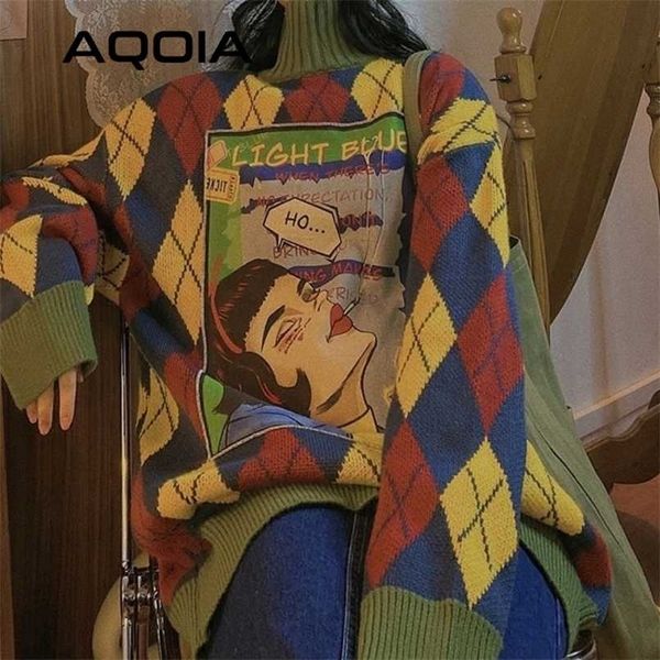 y2k harajuku turtleneck knit female pullover argyle oversize warm women's long sweater winter appliques loose thick sweater 211218, White;black
y2k harajuku turtleneck knit female pullover argyle oversize warm women's long sweater winter appliques loose thick sweater 211218, White;black
