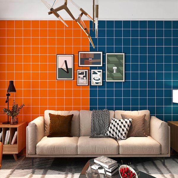 indigo orange dark blue nordic ins style wallpaper solid tv background wall square grid