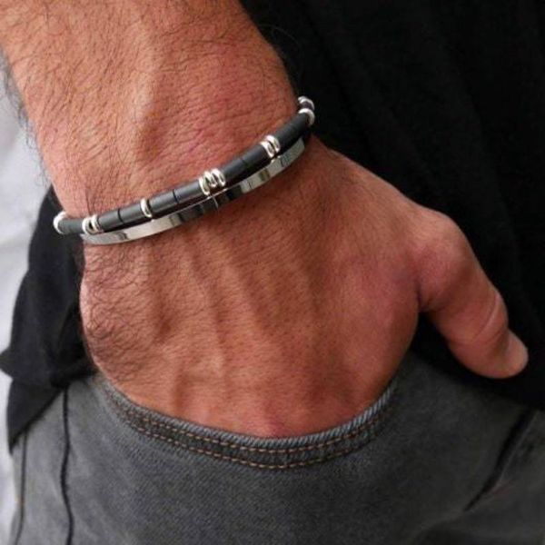 beaded, strands mens hematite gems and stainless steel bracelet set, men's beaded bracelet, jewelry, Black 
beaded, strands mens hematite gems and stainless steel bracelet set, men's beaded bracelet, jewelry, Black