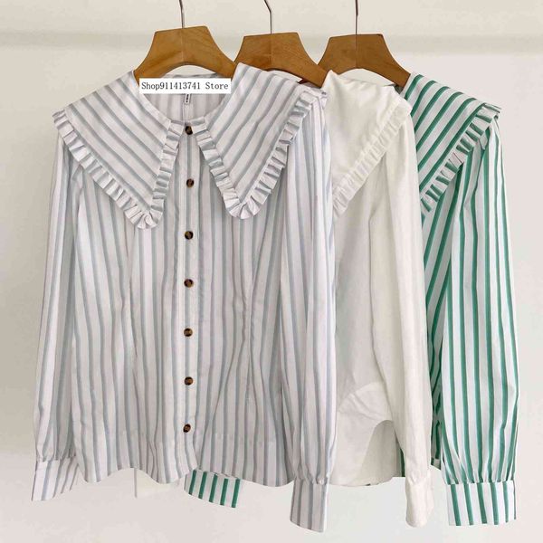 women's blouses & shirts white cotton large lapel shirt in sprg and summer, female green striped petal collar 2021
women's blouses & shirts white cotton large lapel shirt in sprg and summer, female green striped petal collar 2021