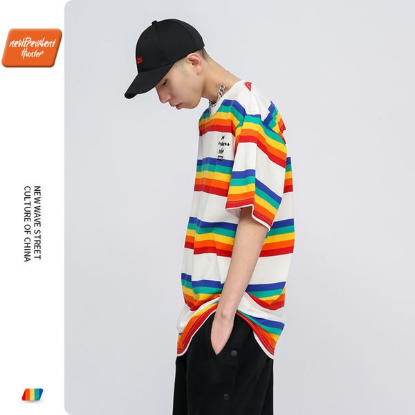 nph2021 spring and summer new fashion brand rainbow stripe short sve t-shirt men's loose street hip hop 5-sve couple, White;black
nph2021 spring and summer new fashion brand rainbow stripe short sve t-shirt men's loose street hip hop 5-sve couple, White;black