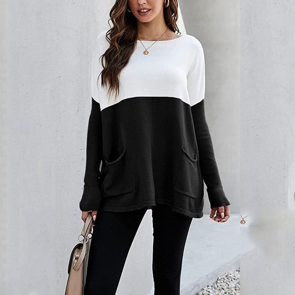 women's sweaters autumn winter loose long sleeve pockets splicing round neck knitted street style pullovers for female 2021, White;black
women's sweaters autumn winter loose long sleeve pockets splicing round neck knitted street style pullovers for female 2021, White;black