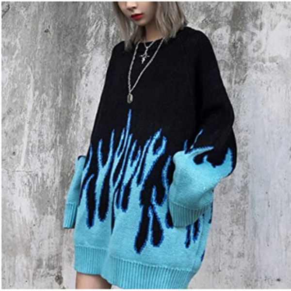 fashion sweater women's long sleeve flame oversized color matching loose casual knitted pullover, White;black
fashion sweater women's long sleeve flame oversized color matching loose casual knitted pullover, White;black