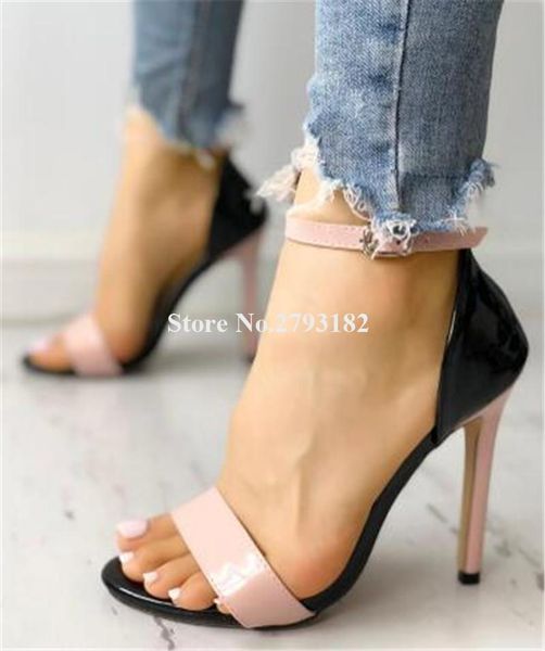 women fashion open toe one strap stiletto heel sandals ankle buckle patchwork dress shoes, Black
women fashion open toe one strap stiletto heel sandals ankle buckle patchwork dress shoes, Black