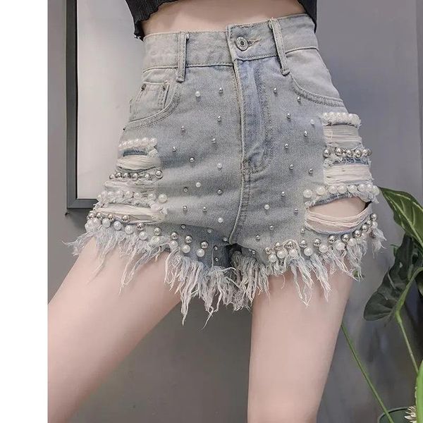 women's shorts high waist denim pearl ripped hole classic vintage blue wide leg female caual summer ladies jeans, White;black
women's shorts high waist denim pearl ripped hole classic vintage blue wide leg female caual summer ladies jeans, White;black