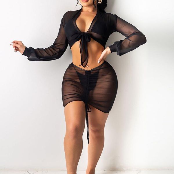 women bikini cover ups set 2pcs mesh see through v-neck long sleeve crop drawstring mini skirt beachwear swimwear summer women's, White;black
women bikini cover ups set 2pcs mesh see through v-neck long sleeve crop drawstring mini skirt beachwear swimwear summer women's, White;black