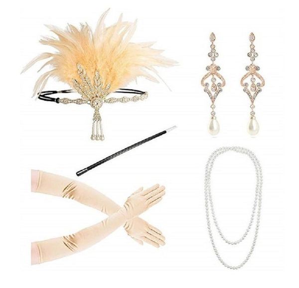 earrings & necklace gatsby's 1920s bachelor party retro feather hairband 5-piece suit headdress gloves cigarette rod, Silver
earrings & necklace gatsby's 1920s bachelor party retro feather hairband 5-piece suit headdress gloves cigarette rod, Silver