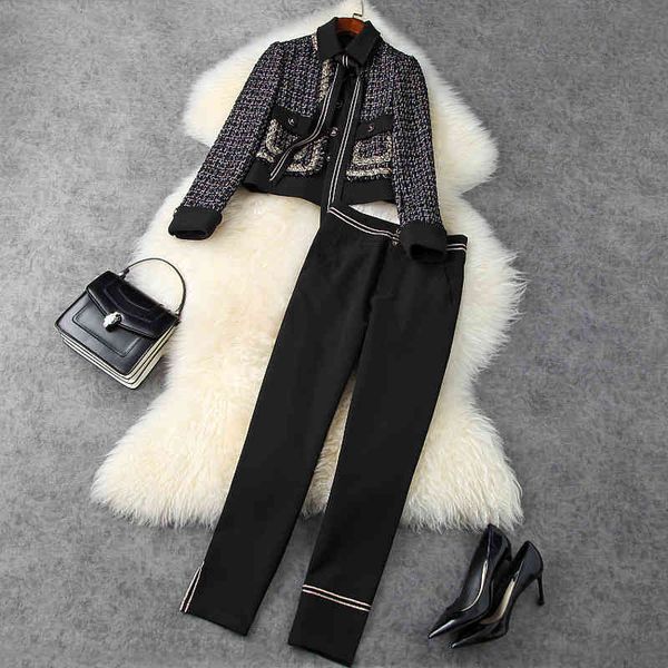 women's two piece pants autumn winter women plaid tweed jacket black pants sets bowknot turn down collar woolen short jackets two piece, White
women's two piece pants autumn winter women plaid tweed jacket black pants sets bowknot turn down collar woolen short jackets two piece, White