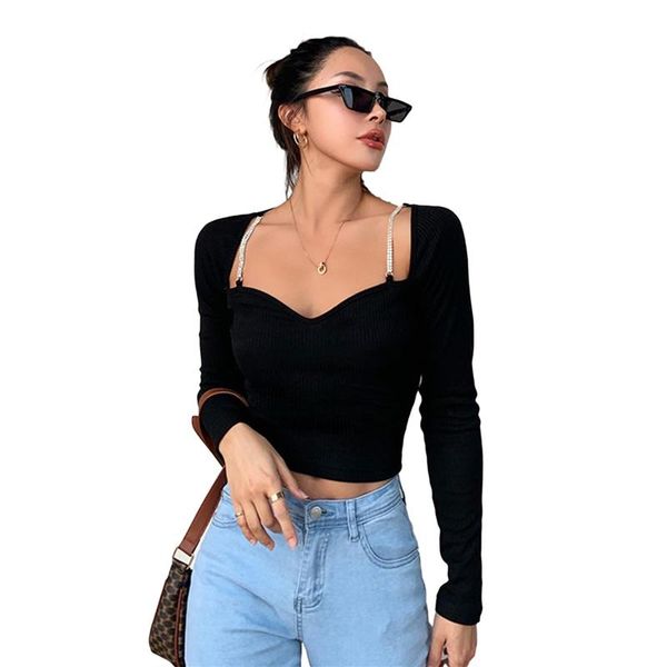 women's t-shirt long sleeve v neck rib knit solid color with chain women tshirt streetwear woman clothes femme, White
women's t-shirt long sleeve v neck rib knit solid color with chain women tshirt streetwear woman clothes femme, White