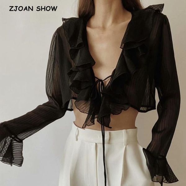 women's blouses & shirts 2021 stylish women tie bow front ruffles cropped shirt high waist short blouse long flare sleeve french b, White
women's blouses & shirts 2021 stylish women tie bow front ruffles cropped shirt high waist short blouse long flare sleeve french b, White