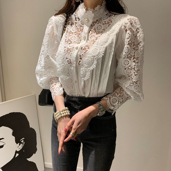 sweet crochet flower hollow out shirt women lantern long sleeve pearls single-breasted stand collar lace blouse female 210416, White
sweet crochet flower hollow out shirt women lantern long sleeve pearls single-breasted stand collar lace blouse female 210416, White