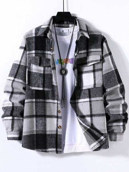 men plaid flap pocket overcoat without sweatshirt v1cy#, Black;brown 
men plaid flap pocket overcoat without sweatshirt v1cy#, Black;brown