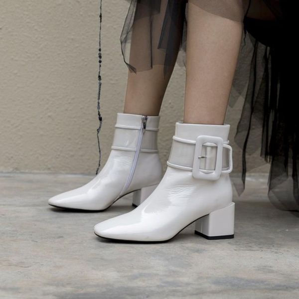 boots 2021 trendy white shiny leather ankle pvc buckle square toe block heel comfort shoes women, Black
boots 2021 trendy white shiny leather ankle pvc buckle square toe block heel comfort shoes women, Black