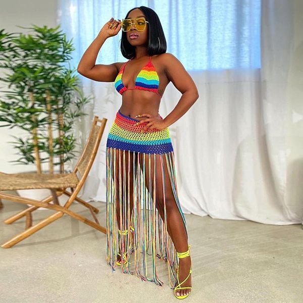 women's swimwear 2pcs women beach outfit set cover-ups rainbow crochet lacing halter neck backless high-waist tassel skirt for summer, White;black
women's swimwear 2pcs women beach outfit set cover-ups rainbow crochet lacing halter neck backless high-waist tassel skirt for summer, White;black