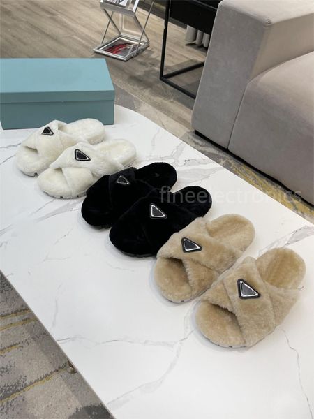 2022 luxury wool slides designer slippers soft warm fur enameled triangle crossover fashion women shoes by shoe002, Black
2022 luxury wool slides designer slippers soft warm fur enameled triangle crossover fashion women shoes by shoe002, Black