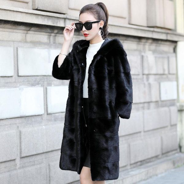 women's fur & faux mink 2021 winter coat long section of hooded korean jacket, Black