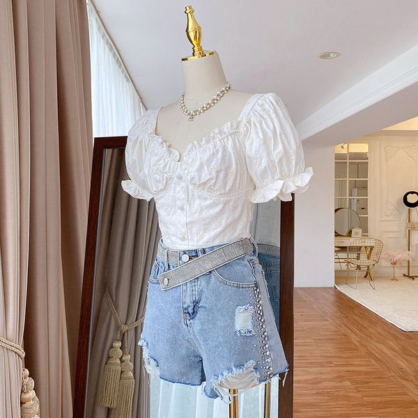 puff sleeve shirt for women 2021 summer new fashion denim blouse embroidery short square collar blusas off-shoulder top, White
puff sleeve shirt for women 2021 summer new fashion denim blouse embroidery short square collar blusas off-shoulder top, White
