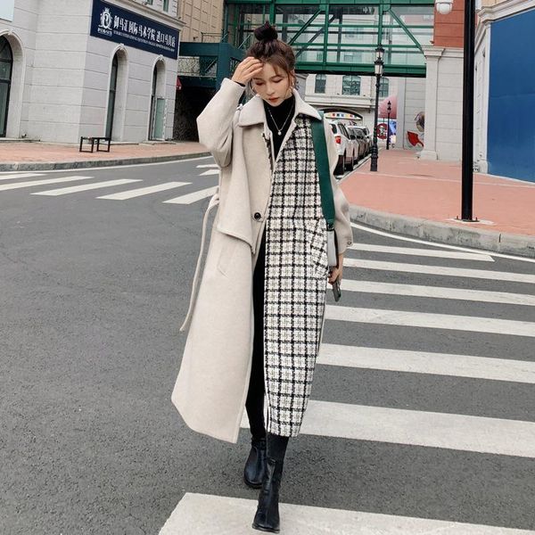 women's trench coats superaen 2021 winter plaid patchwork contrast color thick cashmere medium long woolen coat women fashion, Tan;black
women's trench coats superaen 2021 winter plaid patchwork contrast color thick cashmere medium long woolen coat women fashion, Tan;black