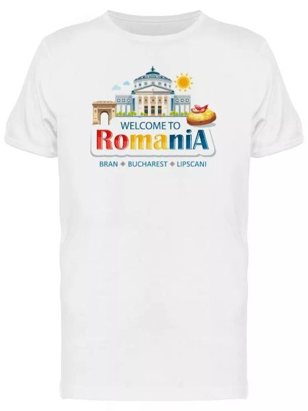 welcome to romania tourism place men's tee -image by shutterstock, White;black 
welcome to romania tourism place men's tee -image by shutterstock, White;black
