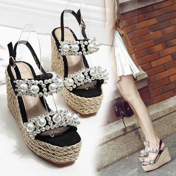 dress shoes 2021 beaded wedge heel high-heeled thick-heeled women's linen knitted pearl word sandals rhinestone, Black
dress shoes 2021 beaded wedge heel high-heeled thick-heeled women's linen knitted pearl word sandals rhinestone, Black