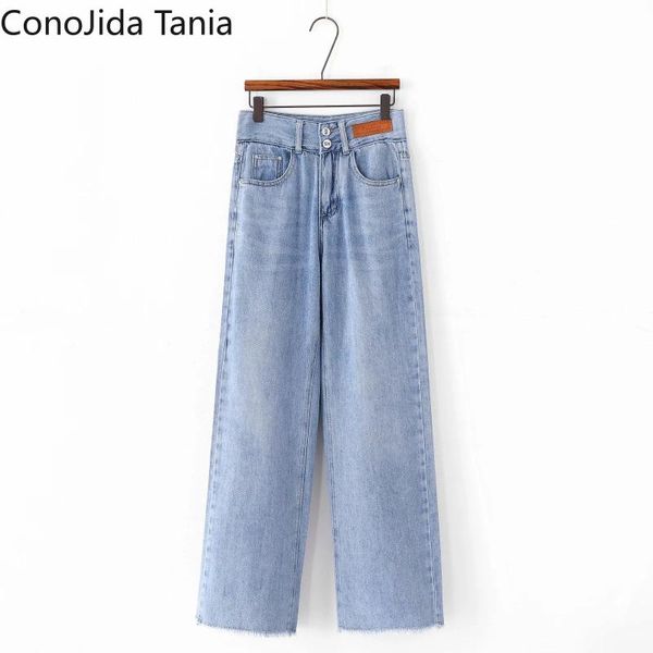 korean women's high waist and two buttons with leather label denim wide-leg pants jeans, Blue
korean women's high waist and two buttons with leather label denim wide-leg pants jeans, Blue