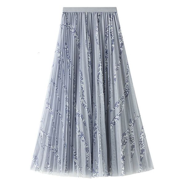skirts summer striped printed a-line tulle camouflage print mesh pleated maxi long skirts, Black