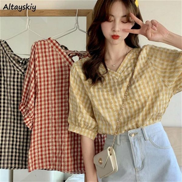 women's blouses & shirts women ins plaid summer chic retro design v-neck puff sleeve womens all-match lovely trendy college girls blusa, White
women's blouses & shirts women ins plaid summer chic retro design v-neck puff sleeve womens all-match lovely trendy college girls blusa, White