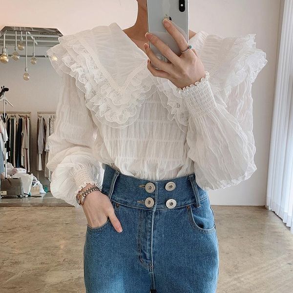 women's polos korean chic french court style doll collar wooden ears design pleated loose puff sleeve shirt women, White
women's polos korean chic french court style doll collar wooden ears design pleated loose puff sleeve shirt women, White
